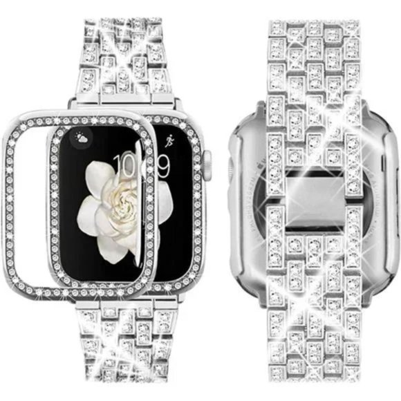 New Silver Rhinestone Bling Apple Watch Band+ Case - Picture 3 of 5